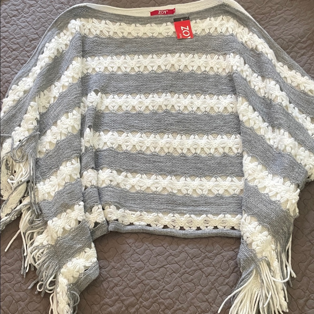 Gray and White Crocheted Poncho